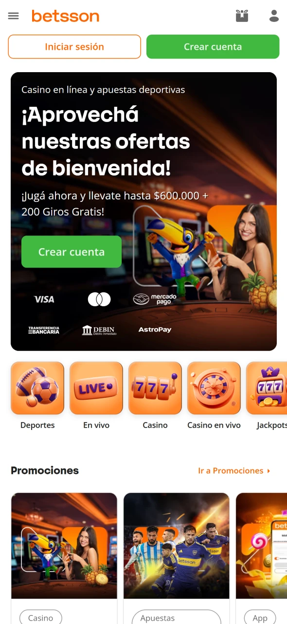 Navega por la pantalla principal de la App Betsson y descubre sus opciones.