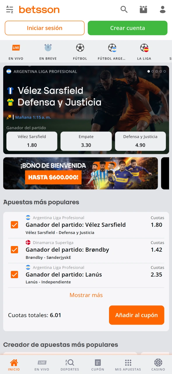 Elige un mercado deportivo dentro de la aplicación Betsson.