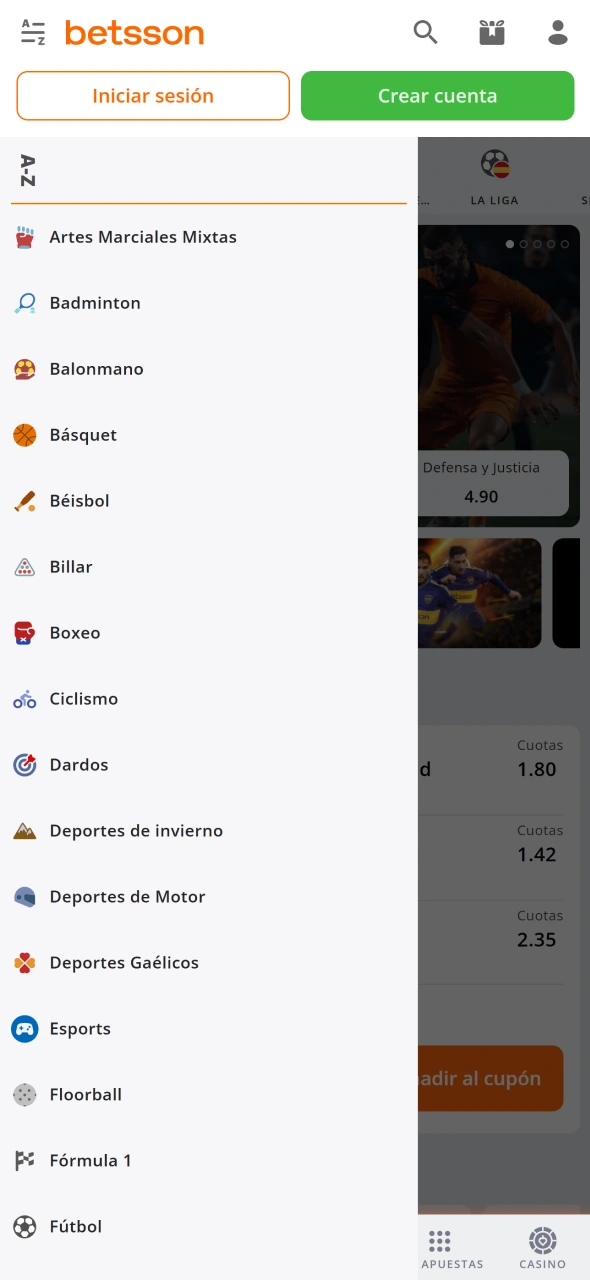 Selecciona tu deporte favorito en la App Betsson para comenzar a apostar.