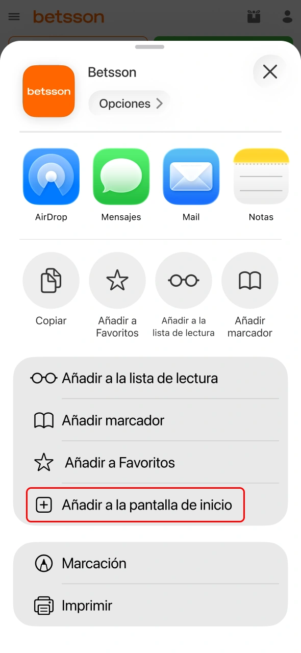Añade el acceso de Betsson a la pantalla de inicio para usarlo como app.