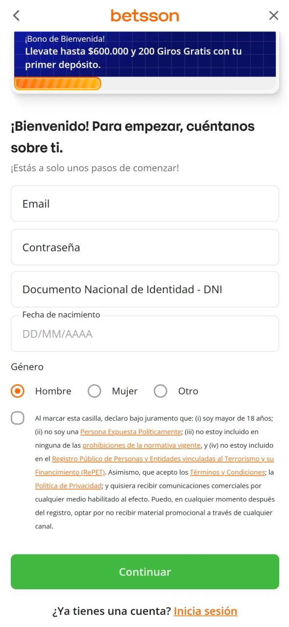 Completa el registro desde la aplicación Betsson para crear tu cuenta.