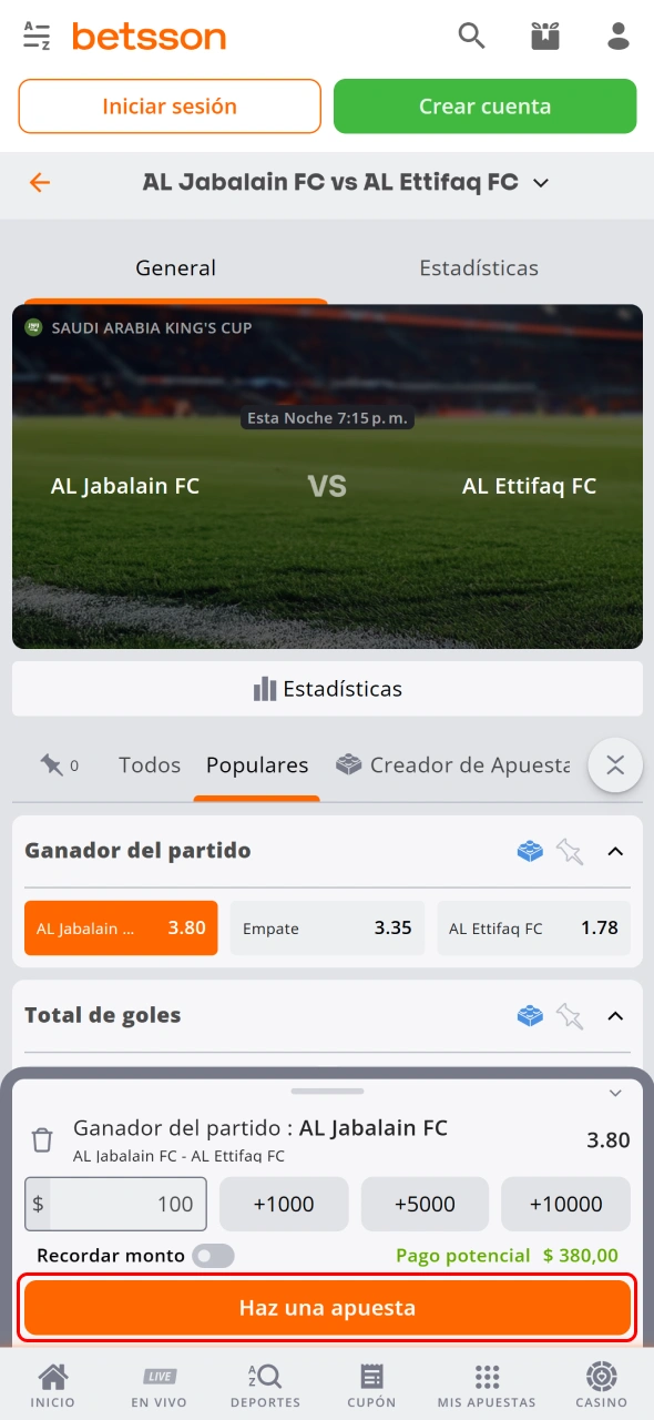 Confirma tu ticket total en la App Betsson para completar el betting.