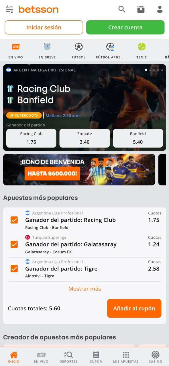 Elige un mercado deportivo disponible en la aplicación Betsson.