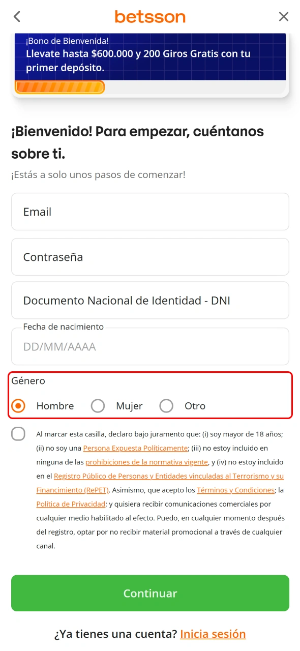 Selecciona tu género para completar los datos solicitados por Betsson CABA.