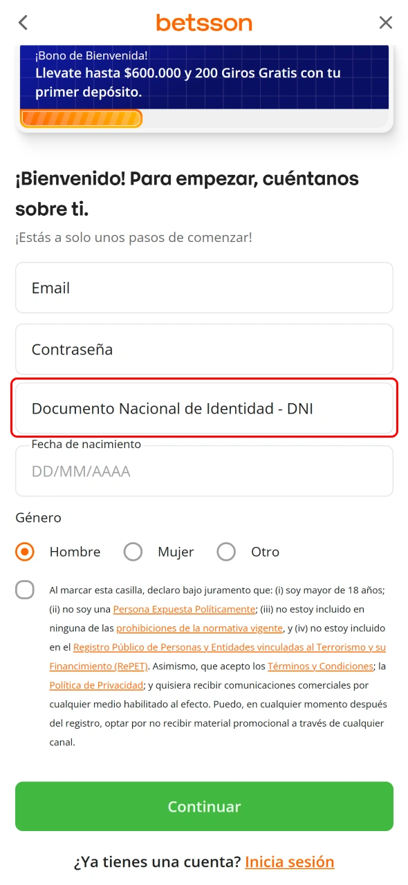 Añade tu información de identificación para completar el registro en Betsson CABA.