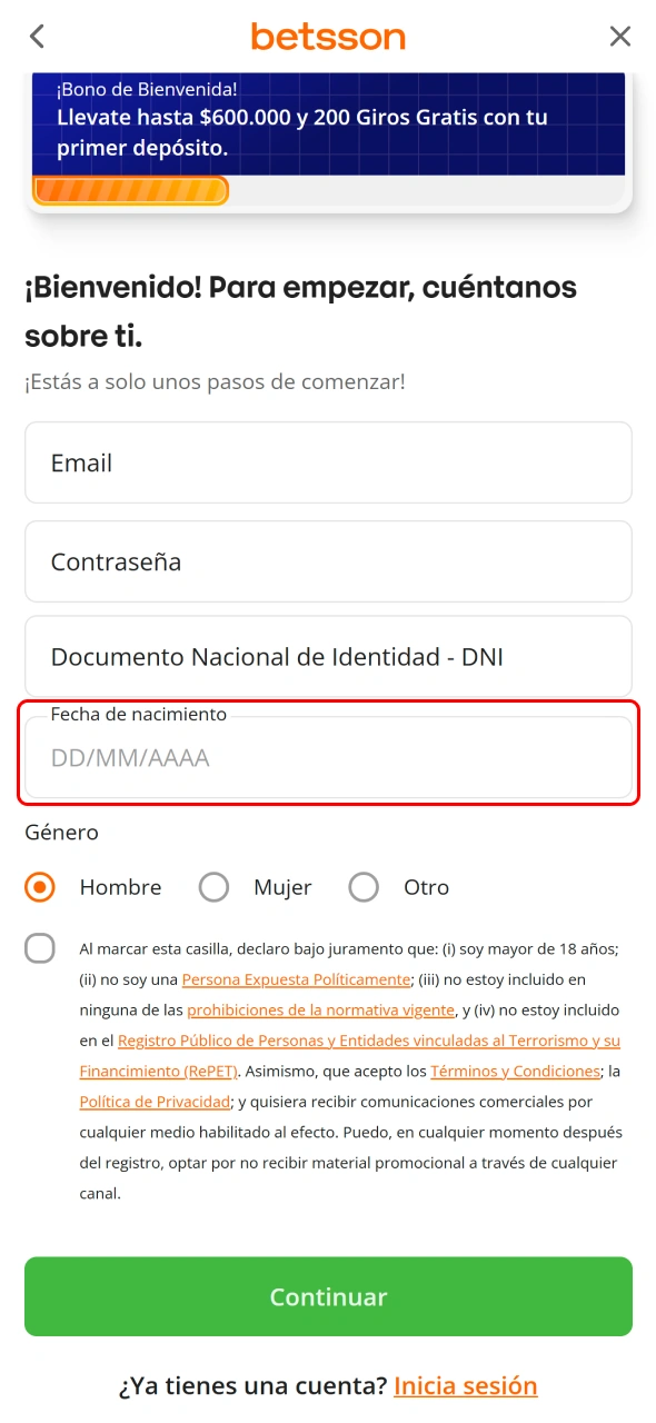 Establece tu fecha de nacimiento para completar el registro de Betsson.