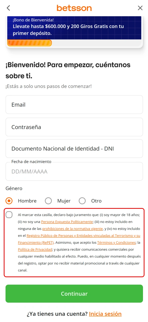 Acepta el acuerdo final para completar tu registro en Betsson CBA.