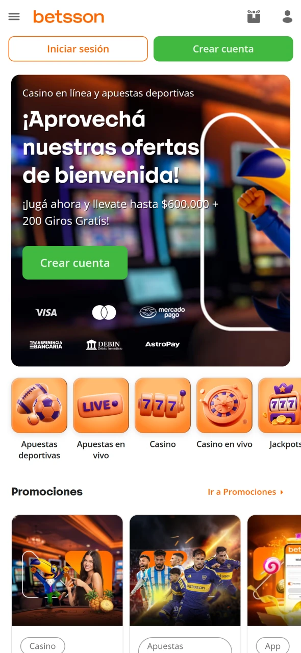 Abre la página principal de Betsson para comenzar tu apuesta.