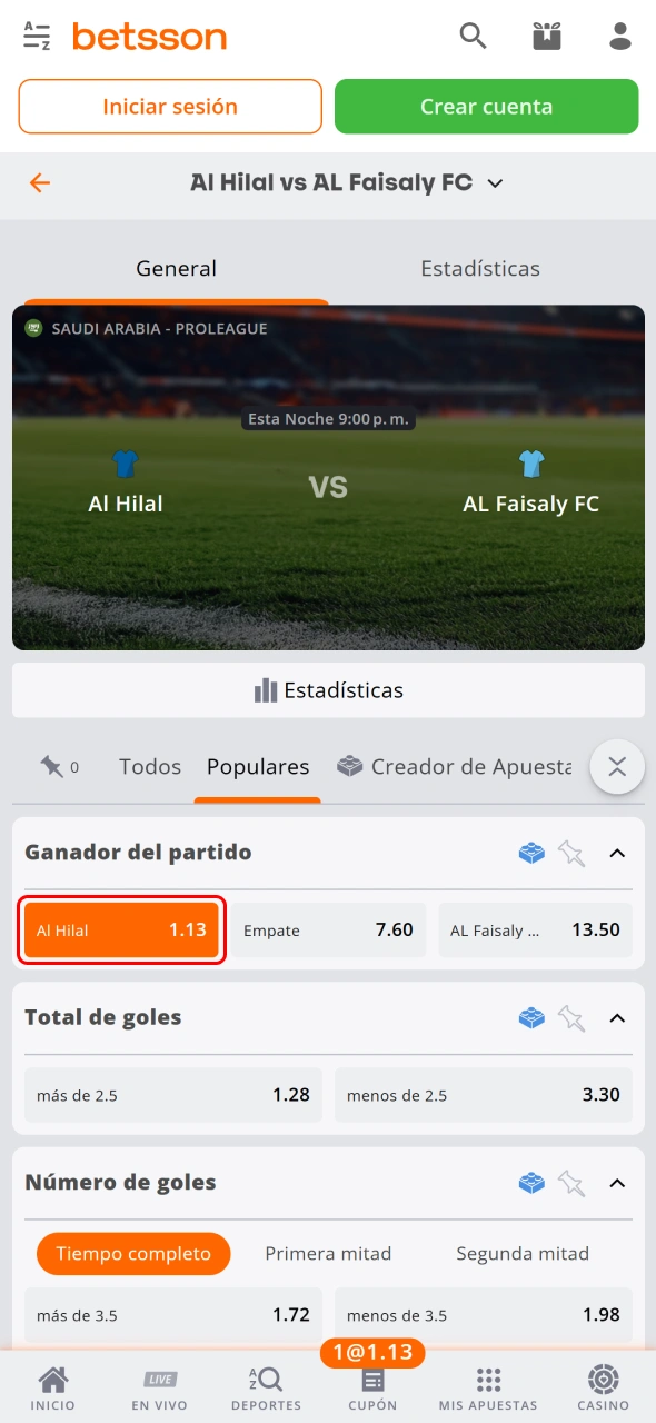 Añade tu selección al cupón de apuestas de Betsson.