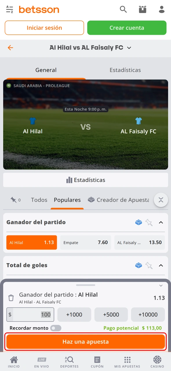Revisa todos los detalles de tu selección antes de confirmar Betsson.